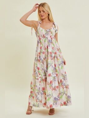 Floral Tie-Shoulder Smocked Tiered Maxi Dress — Pink Floral